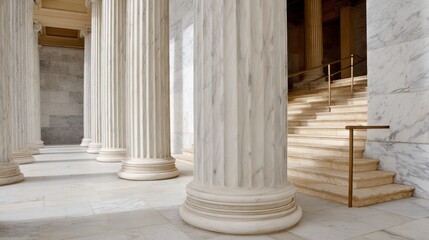 Elegant row of marble columns and grand staircase bathed in warm golden sunlight, showcasing timeless classical architecture with intricate textures and a serene atmosphere, space for text