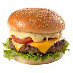 A highly detailed and realistic digital illustration of a classic cheeseburger with a sesame seed bun. The burger features a beef patty, melted yellow cheese, fresh green lettuce, a slice of red tomat