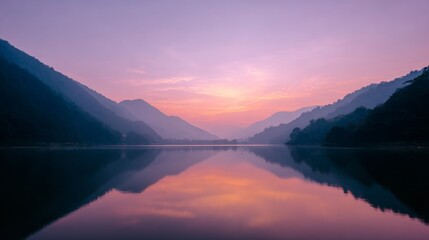 Serene mountain landscape at dawn with vibrant pink and orange sky reflecting on tranquil lake, silhouetted peaks, soft cloud filters, peaceful outdoor setting, copy space on right