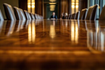 Long conference table, reflecting lights. Rows of leather chairs flank a polished wooden table. Blurred figures sit at the table, creating a sense of activity in a large room