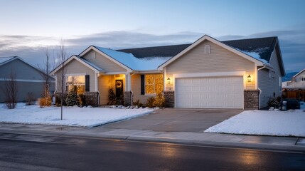 Charming suburban home exterior decorated with warm string lights and festive wreaths amid light snow, cozy holiday ambiance during evening hours with inviting copy space