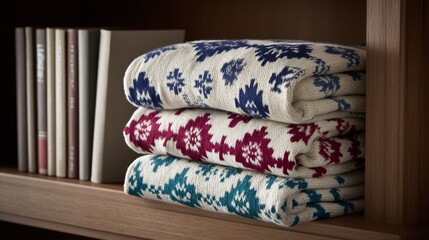 Colorful woven blankets with intricate tribal patterns stacked on wooden shelf in bohemianstyle shop with earthy tones and cozy textures