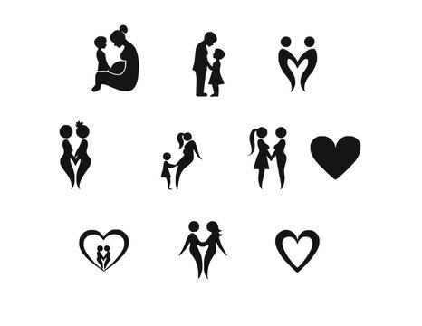 Black and white family care logo set &ndash; silhouette icons of parents, children, couples, and love in minimalist style