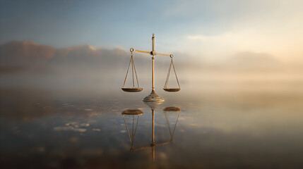 Scales of justice balanced on a reflective surface