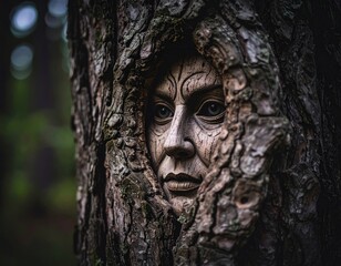 Face sculpture in tree trunk