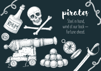 Pirate adventure frame. Hand drawn vector illustration. Sea design template. Sketch elements for pirate-marine theme design.
