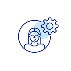 Woman user avatar and cogwheel. Account settings, admin or user control. Customization, hr or user management software. Pixel perfect, editable stroke vector icon
