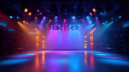 Colorful stage with vibrant lighting setup in a studio