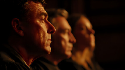 Close-up of three people sitting in profile, dimly lit setting