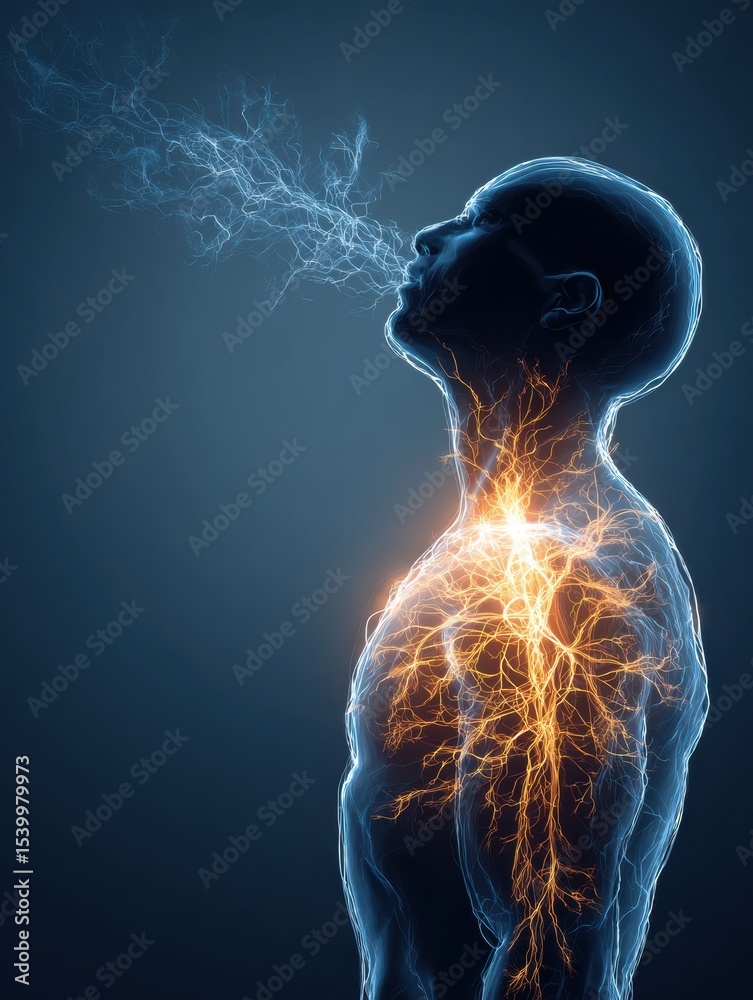 Poster exhaling calmly with glowing nerves illustrating a serene transition into tranquility