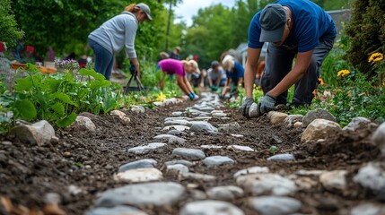 Community gardening with people working on a stone path among plants.