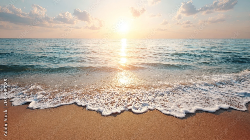Aufkleber serene dawn over gentle ocean waves with soft pink and orange sky and copy space on right