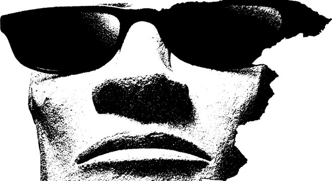 Tribal tattoo-inspired cracked moai head with sunglasses artwork for bold design