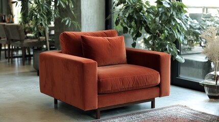 Vibrant orange armchair in modern living space surrounded by lush greenery and minimalist art for contemporary home decor
