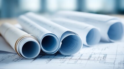 Modern architectural blueprint with precise technical drawing, rolled and unrolled plans on pale blueprint background, suitable for design visualization and construction planning