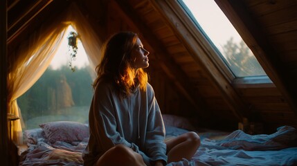 Morning sunlight filters through skylights, illuminating a woman in a cozy cabin room during peaceful early hours