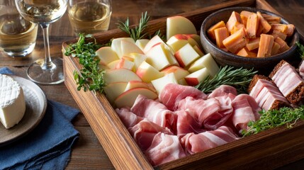 Wholesome picnic spread with sliced apples, carrots, protein bars, fresh herbs, and rustic wooden tray on a wooden table, inviting for outdoor dining