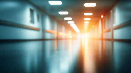 Modern, serene hospital corridor with white walls, warm glowing lights, and a calming ambiance, captured from eye level with a softly blurred background and copy space on the left