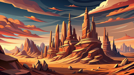 wind-sculpted rock spires in an arid desert landscape under a clear sky vector ideal for geology, nature, and wilderness themes