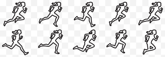 runner silhouette vector set, running woman sequence, motion, athletic vector illustration, dynamic jog, fitness movement animation eps 10
