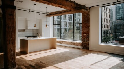 Spacious modern loft with exposed wooden beams, large floortoceiling windows flooding the bright open space with golden sunlight, showcasing an unfinished renovation vibe and copy space on the left
