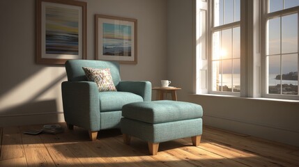 Cozy modern lounge with teal armchair and abstract wall art bathed in natural sunlight revealing vibrant home decor and serene view