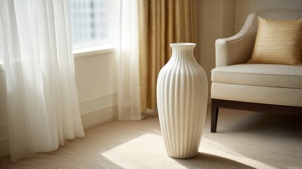 Elegant ivory ceramic vase with vertical ridges in airy living room featuring neutral decor and woven textures, modern sophistication with copy space on right side