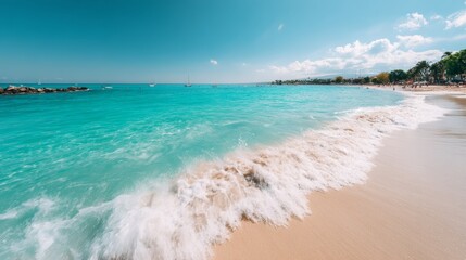 Vibrant tropical beach with turquoise waves, pristine sand, lush greenery, and bright midday sun for relaxation and travel imagery