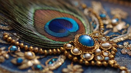 Traditional indian jewelry with elegant peacock feather on soft fabric background