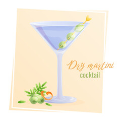 Cocktail dry martini in a glass, olives on a skewer, on a yellow background. The concept of a party, cocktail bar, summer. Isolated vector illustration for menu design, posters, banners, covers