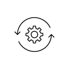 Cogwheel in refresh arrows. System update, automated maintenance, background processing, configuration sync, settings refresh. Pixel perfect, editable stroke vector icon