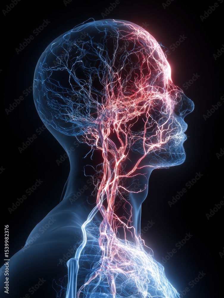 Poster nervous system illustration glowing under pressure showcasing neural pathways in intricate detail