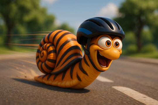 Lustige animierte Schnecke mit Tigerstreifen und Fahrradhelm, die mit Tempo &uuml;ber die Stra&szlig;e saust &ndash; perfekt f&uuml;r Kinderbuch oder Humor-Design.