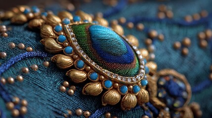 Traditional indian jewelry with elegant peacock feather on soft fabric background