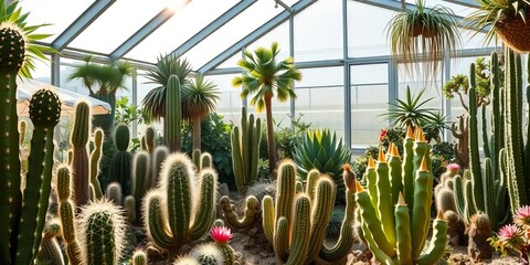 Sunlit greenhouse interior, diverse cacti and succulents thrive, composition, display