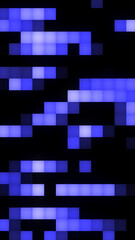 A digital grid of glowing blue squares forms an abstract, pixel-style futuristic background