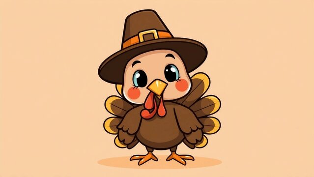 S&uuml;&szlig;er Truthahn mit Pilgerhut im Comic-Stil auf beigem Hintergrund &ndash; ideal f&uuml;r Thanksgiving-Designs oder Kinderillustrationen.