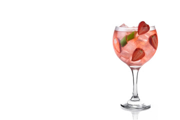 Strawberry gin tonic cocktail isolated on white background. Copy space