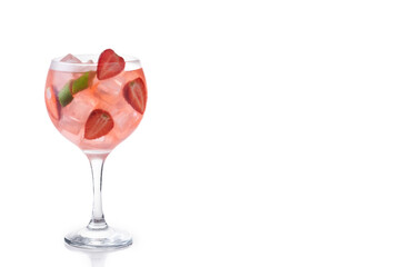 Strawberry gin tonic cocktail isolated on white background. Copy space