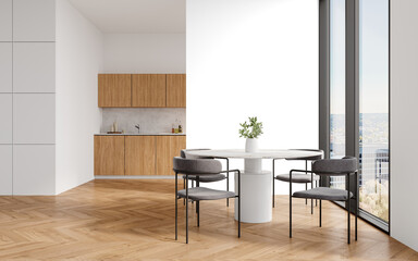 Elegant Dining Room and Minimal Kitchen with Natural Light – Transparent Wall PNG Mockup with Realistic Shadows – 3D render