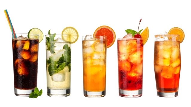 bundle of transparent PNGs for Cuba Libre, Long Island, Mojito, Paloma, Tequila Sunrise, and Screwdriver cocktails, all set against an isolated background.