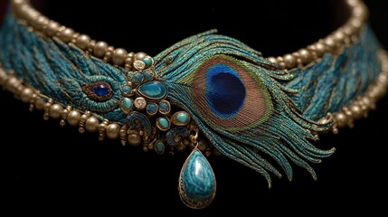 Traditional indian jewelry with elegant peacock feather on soft fabric background