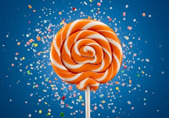 Swirling Orange and White Lollipop with Colorful Sugar Crystals Against Blue