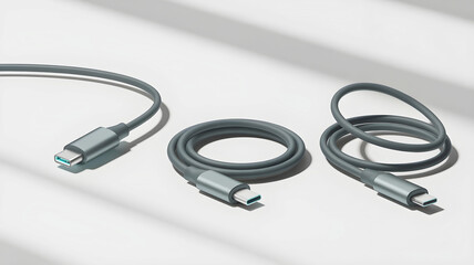 
Three modern gray USB-C cables, two coiled and one extended, are precisely arranged on a clean white surface with subtle shadows, symbolizing organized connectivity