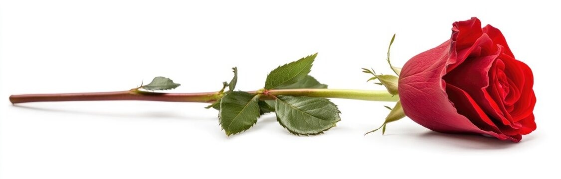 A single red rose, lying on its side, against a pure white background.  The stem and leaves are visible, adding a natural touch
