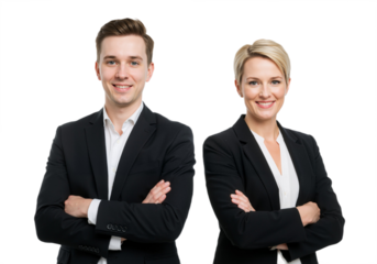 Confident Professionals in Suits with Crossed Arms, Smiling Against White Background