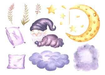 Watercolor set of gnome sleeping on pillow, fluffy cloud and crescent moon with stars. Hand drawn isolated illustration elf from fairy dreams for baby design. Magic dwarf character for childrens theme