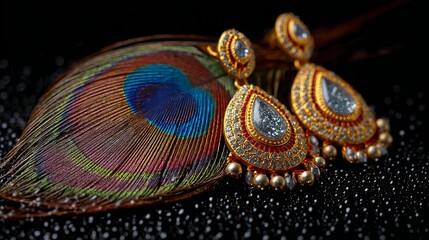 Traditional indian jewelry with elegant peacock feather on soft fabric background