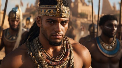 A cinematic scene of Pharaoh court with nobles and advisors