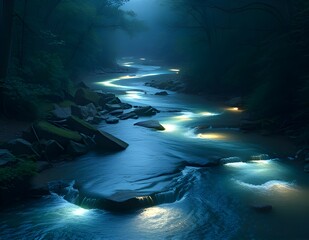 A river flowing with translucent, liquid light, meandering through a realistic, untouched forest, illuminating the riverbed and surrounding flora.